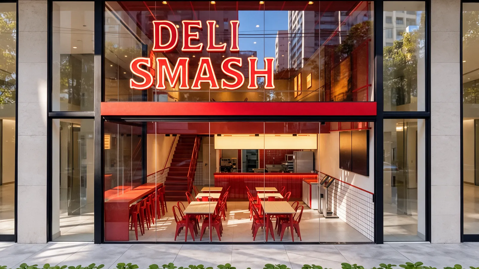 Ilustração da fachada de vidro com o letreiro vermelho Deli Smash.
