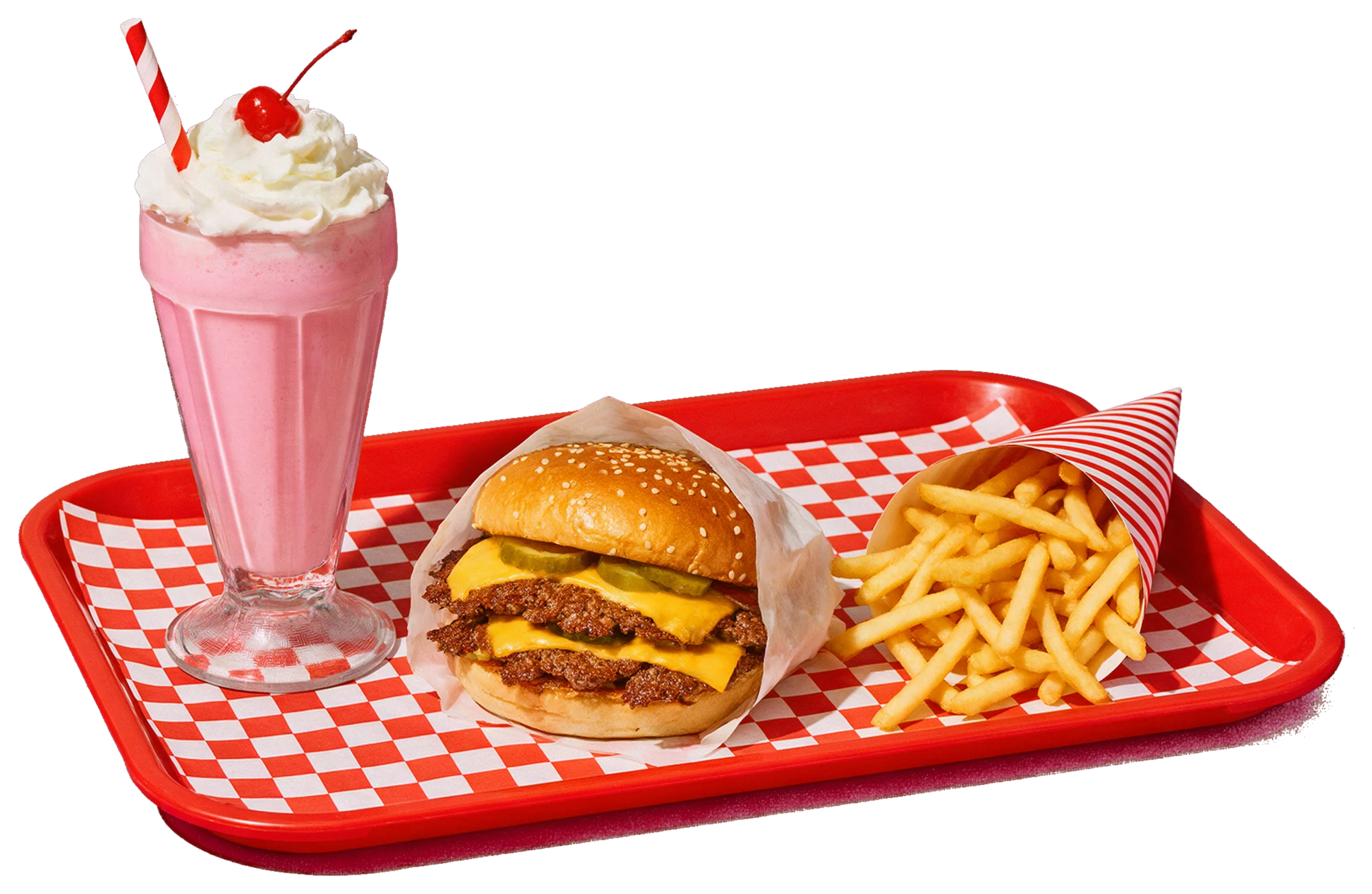 Bandeja vermelha de lanchonete com um smash burger duplo, um shake de morango e fries num cone de papel.